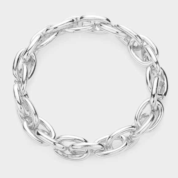 Silver Stretch Oval Metal Bracelet Link Chain Fashion Jewelry - Picture 1 of 2